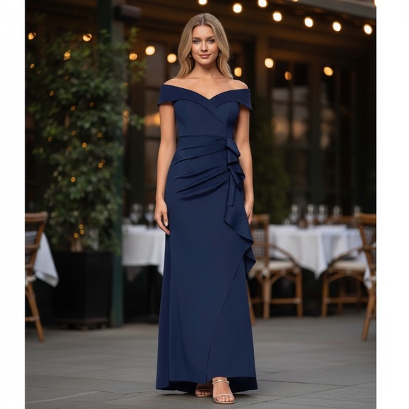 NWT XSCAPE Navy Patti Long Off the Shoulder Scuba Crepe Dress - Picture 1 of 10